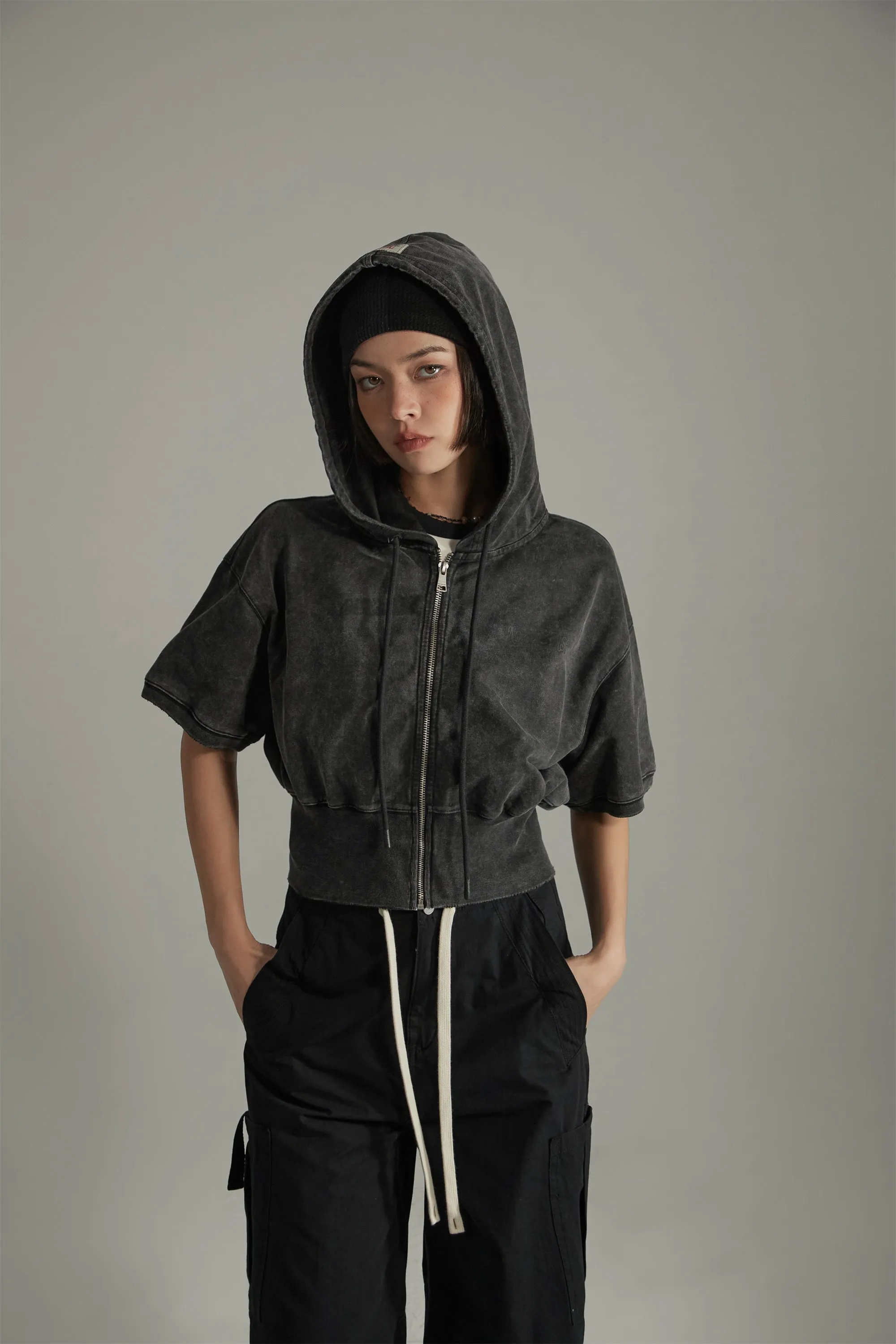 Cotton Short-Sleeves Zip-Up Hoodie