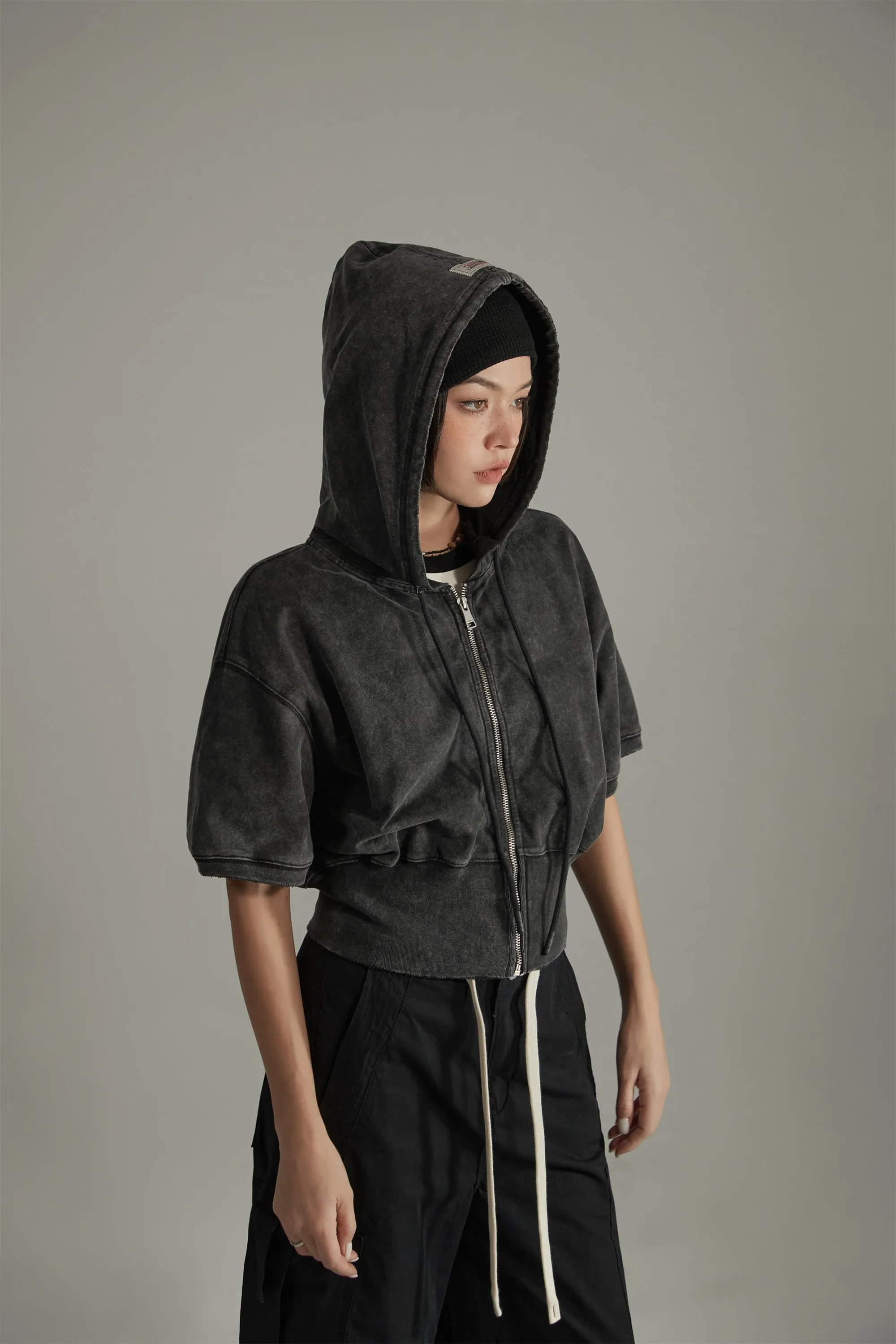 Cotton Short-Sleeves Zip-Up Hoodie