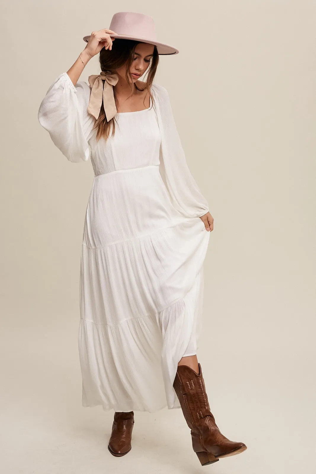 Cream Square Neck Tiered Maxi Dress