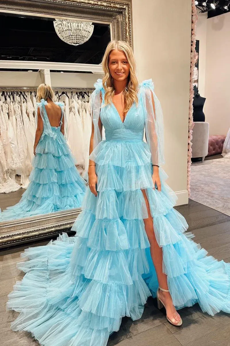 Cute A-Line V Neck Blue Tiered Tulle Long Prom Dresses