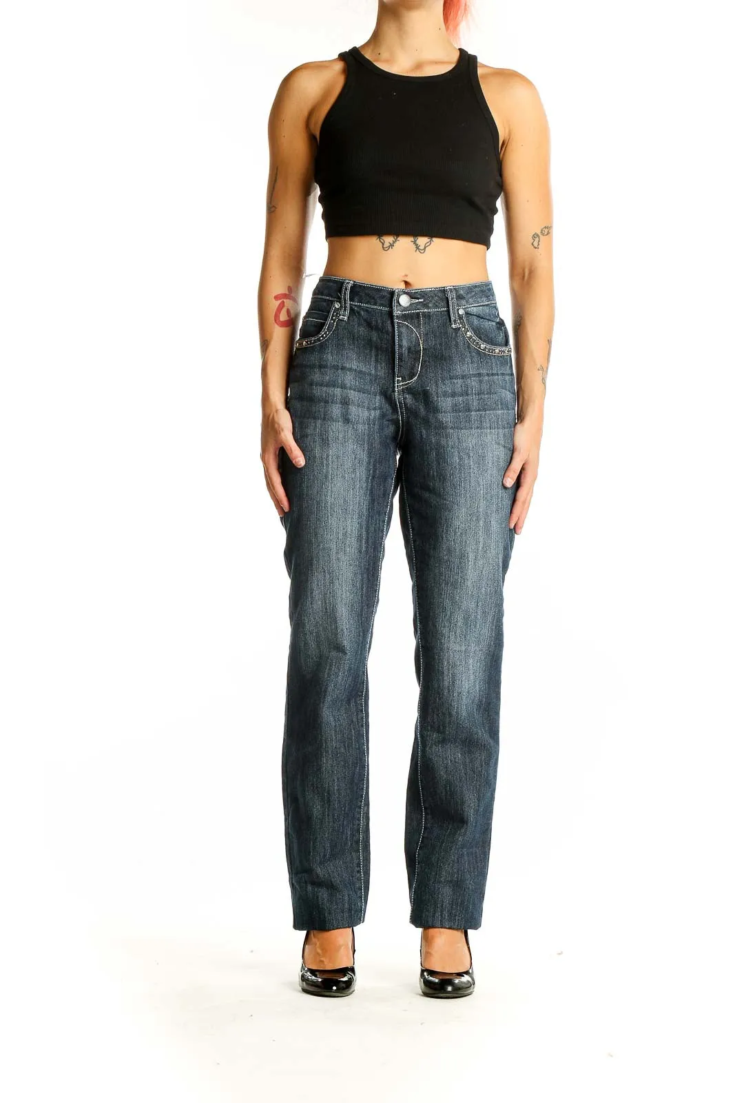 Dark Blue Embellished Straight Leg Jeans