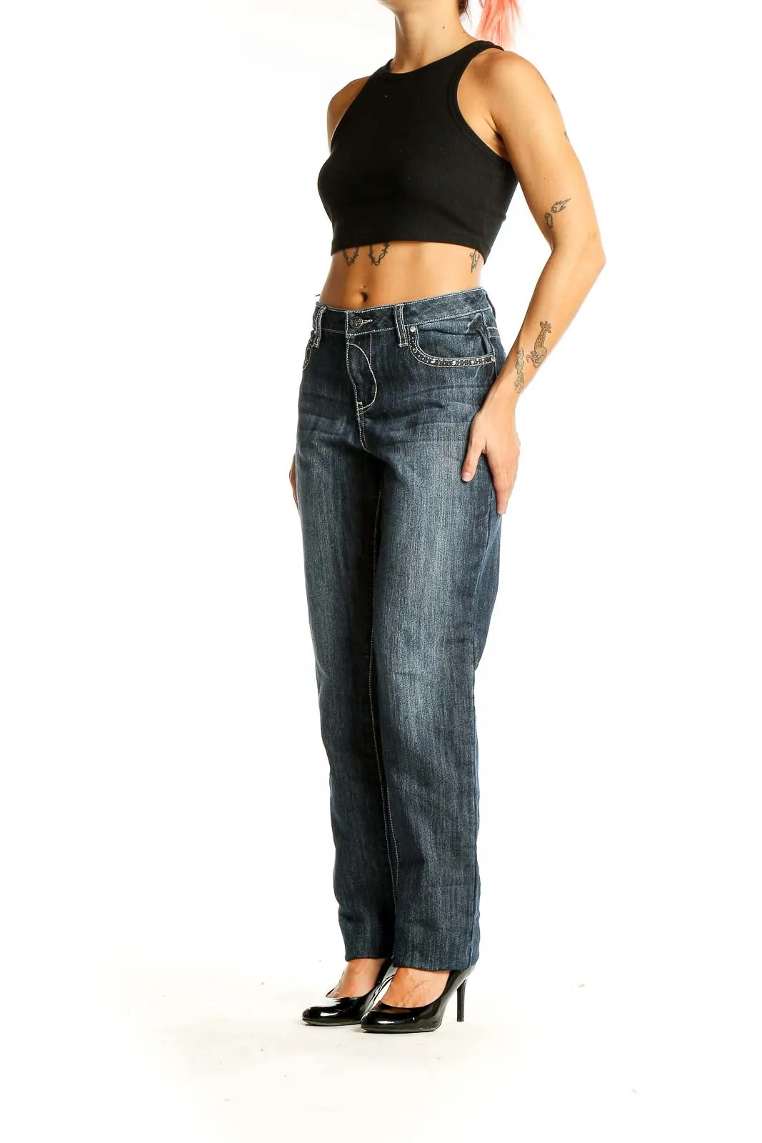 Dark Blue Embellished Straight Leg Jeans