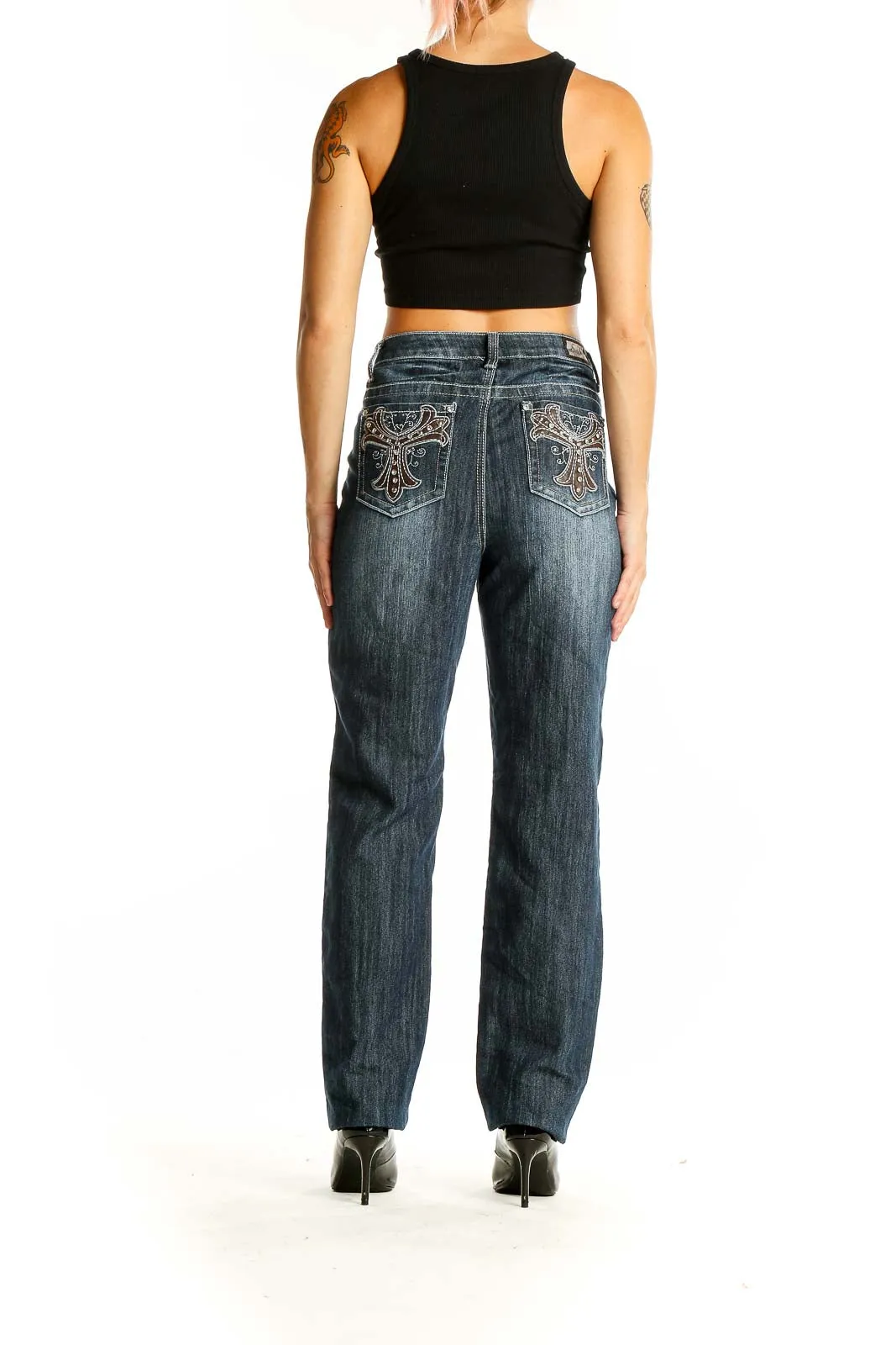 Dark Blue Embellished Straight Leg Jeans