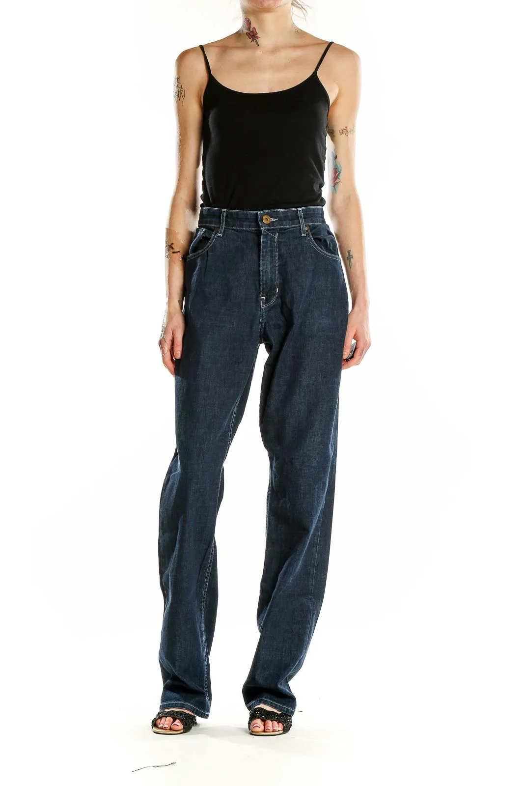 Dark Blue Wide-Leg Denim Jeans