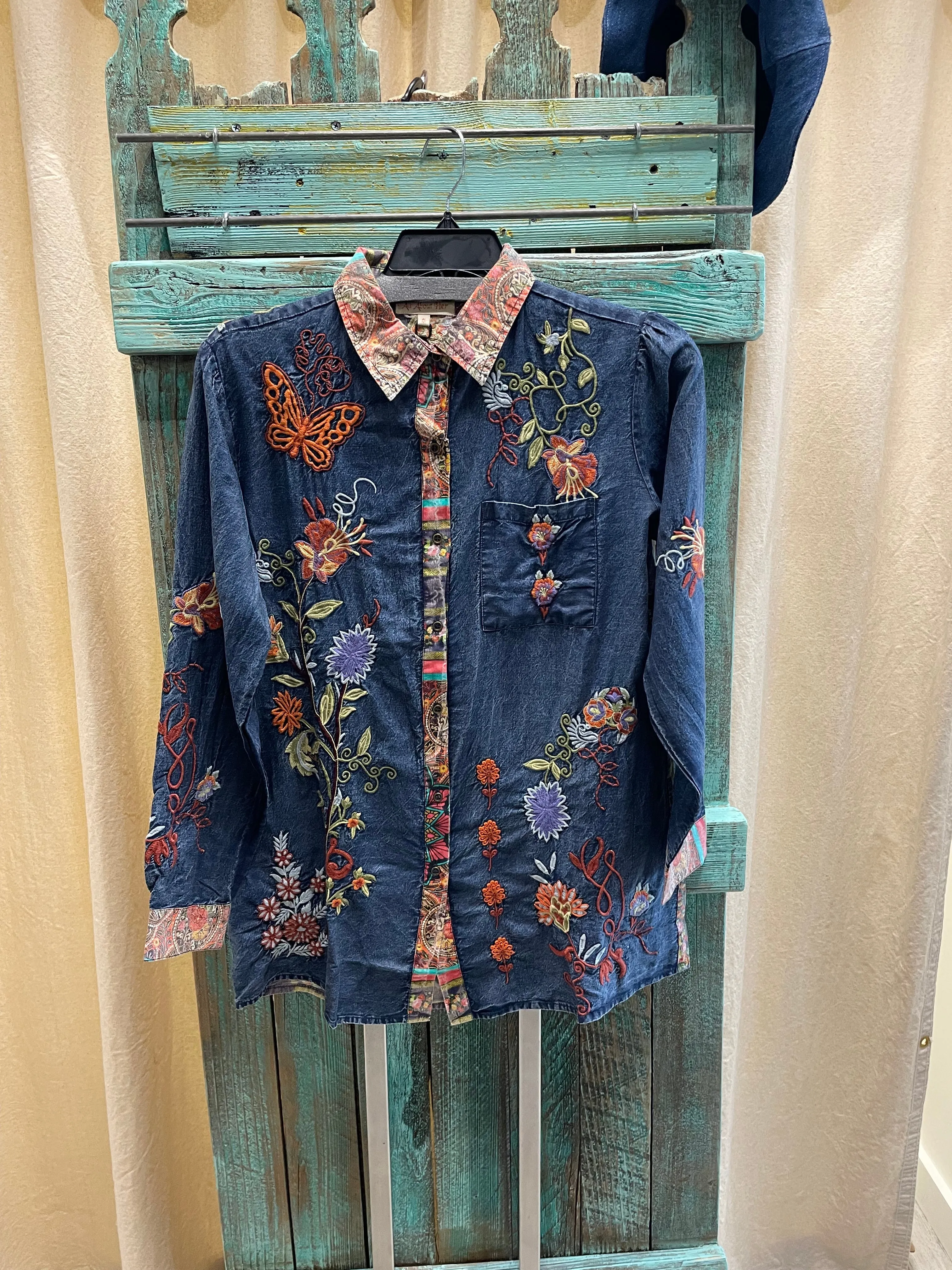 Embroidered Denim Blouse in Blue by All About Her