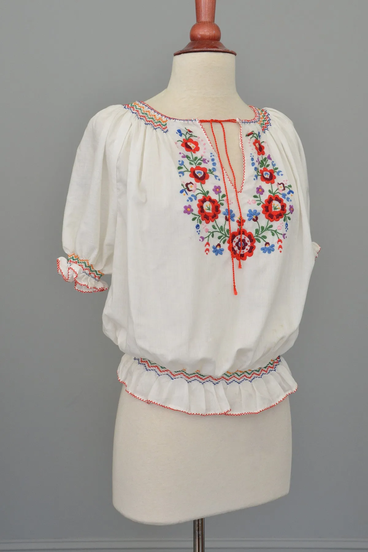 Embroidered Red Blue Flowers Vintage Peasant Top