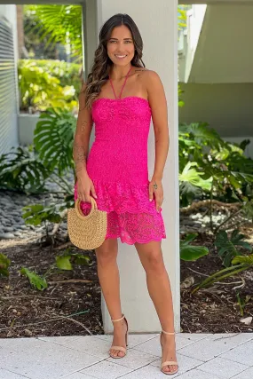 Fuchsia Lace Smocked Dress With Tiered Skirt