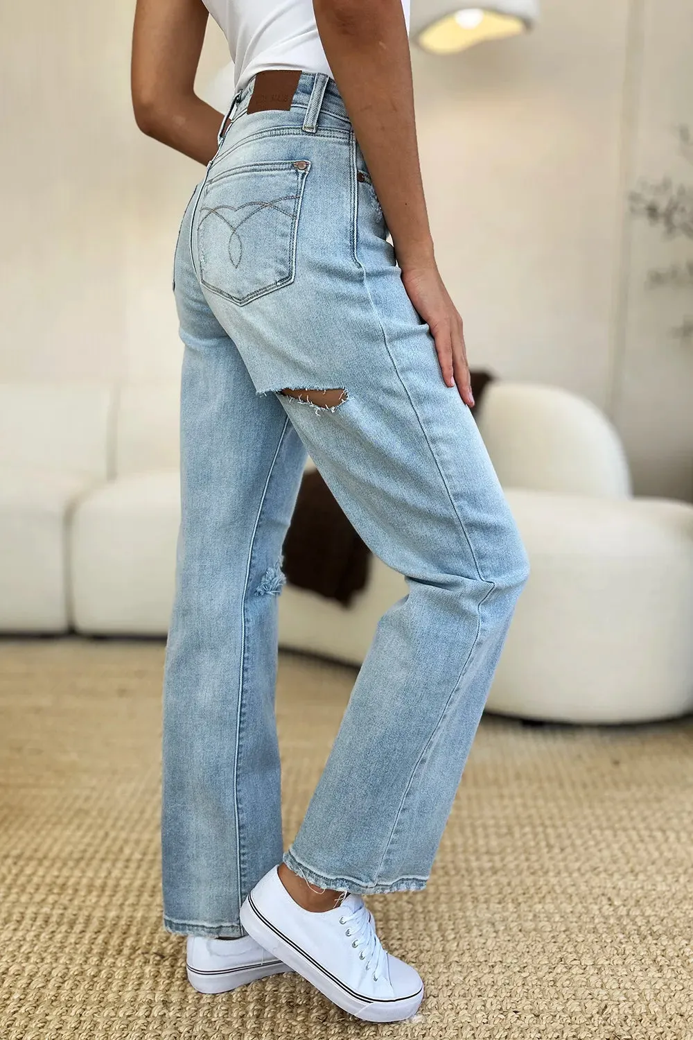 Full Size High Waist Distressed Straight Jeans