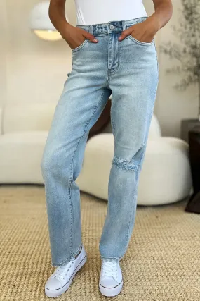 Full Size High Waist Distressed Straight Jeans