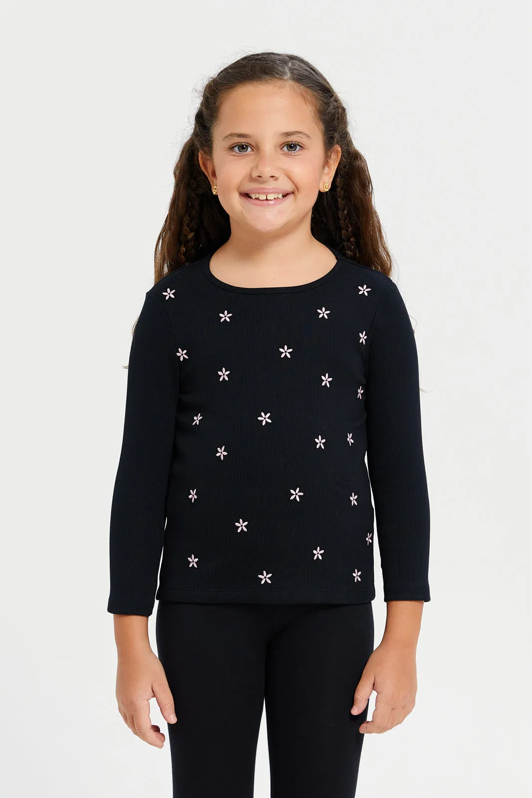 Girls Black Embroidered T-Shirt