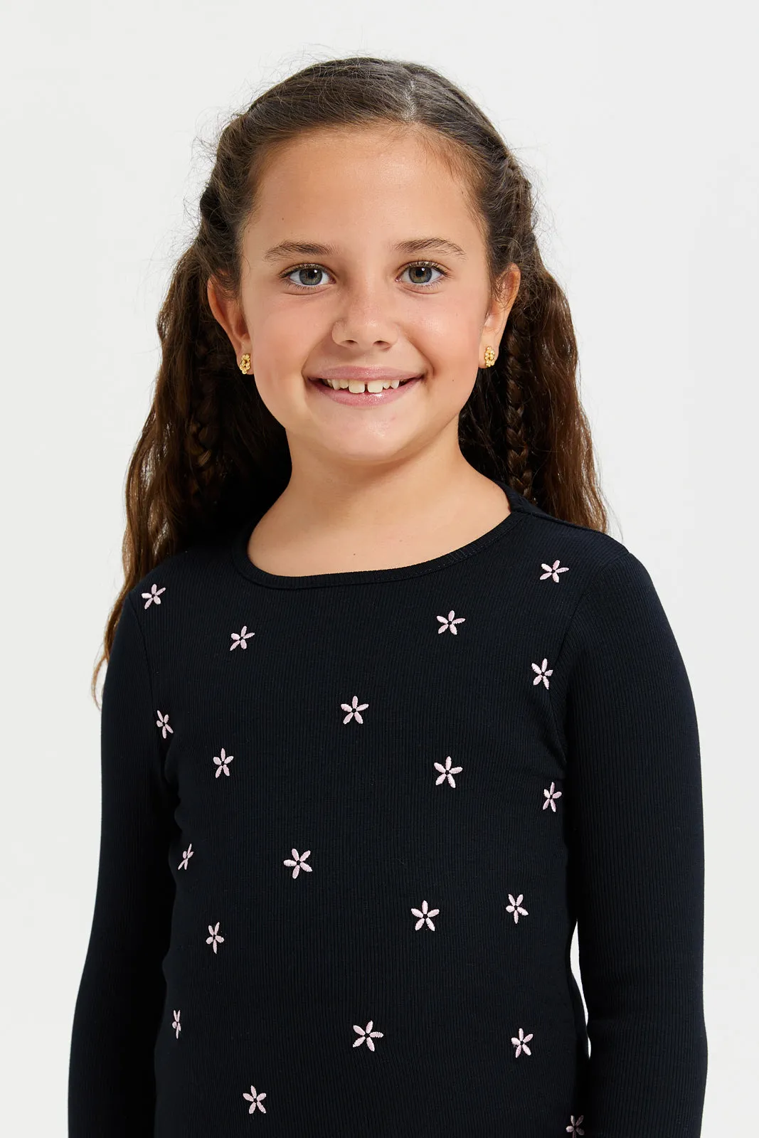 Girls Black Embroidered T-Shirt