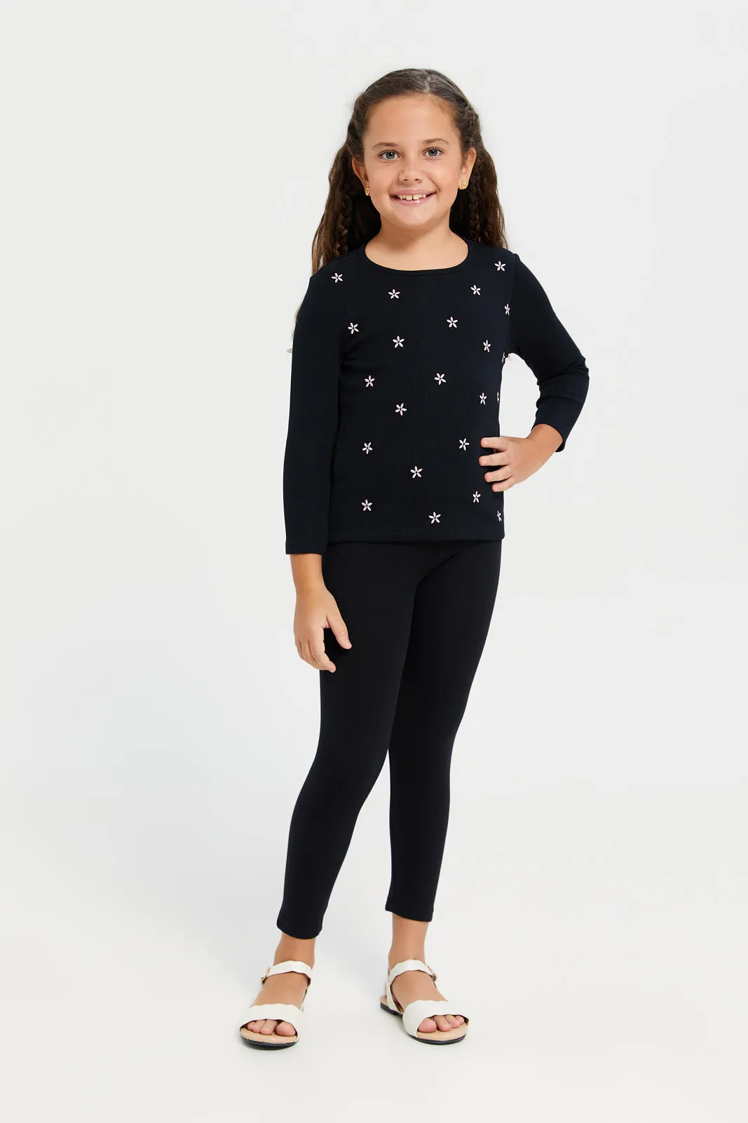 Girls Black Embroidered T-Shirt