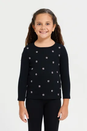 Girls Black Embroidered T-Shirt