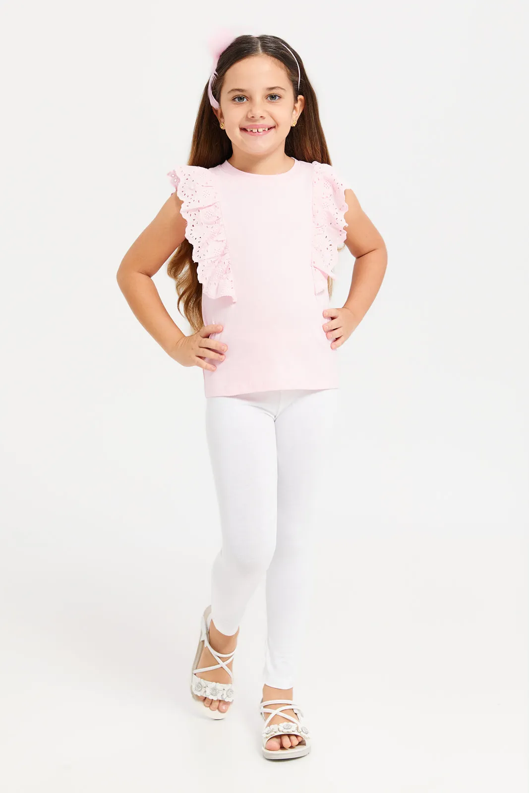 Girls Pink Embroidered Frill Top