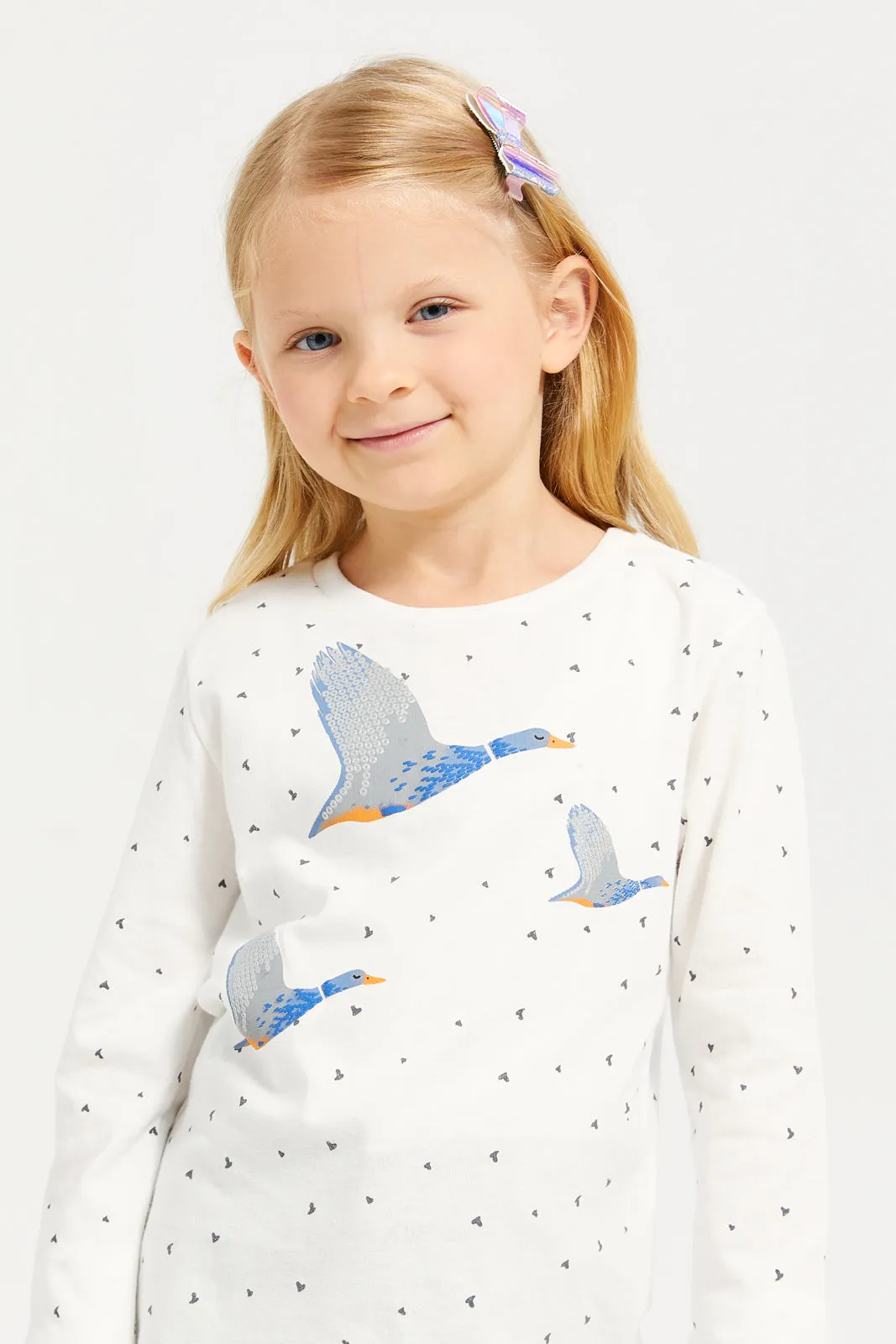 Girls White Birds Printed T-Shirt