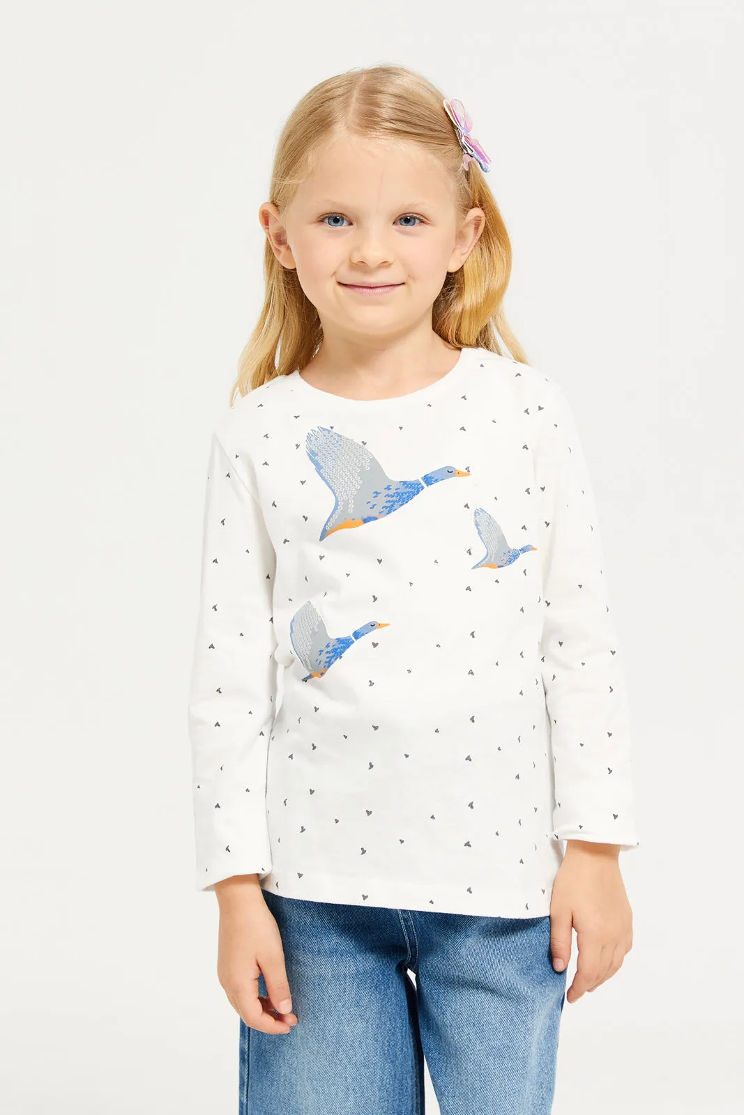 Girls White Birds Printed T-Shirt