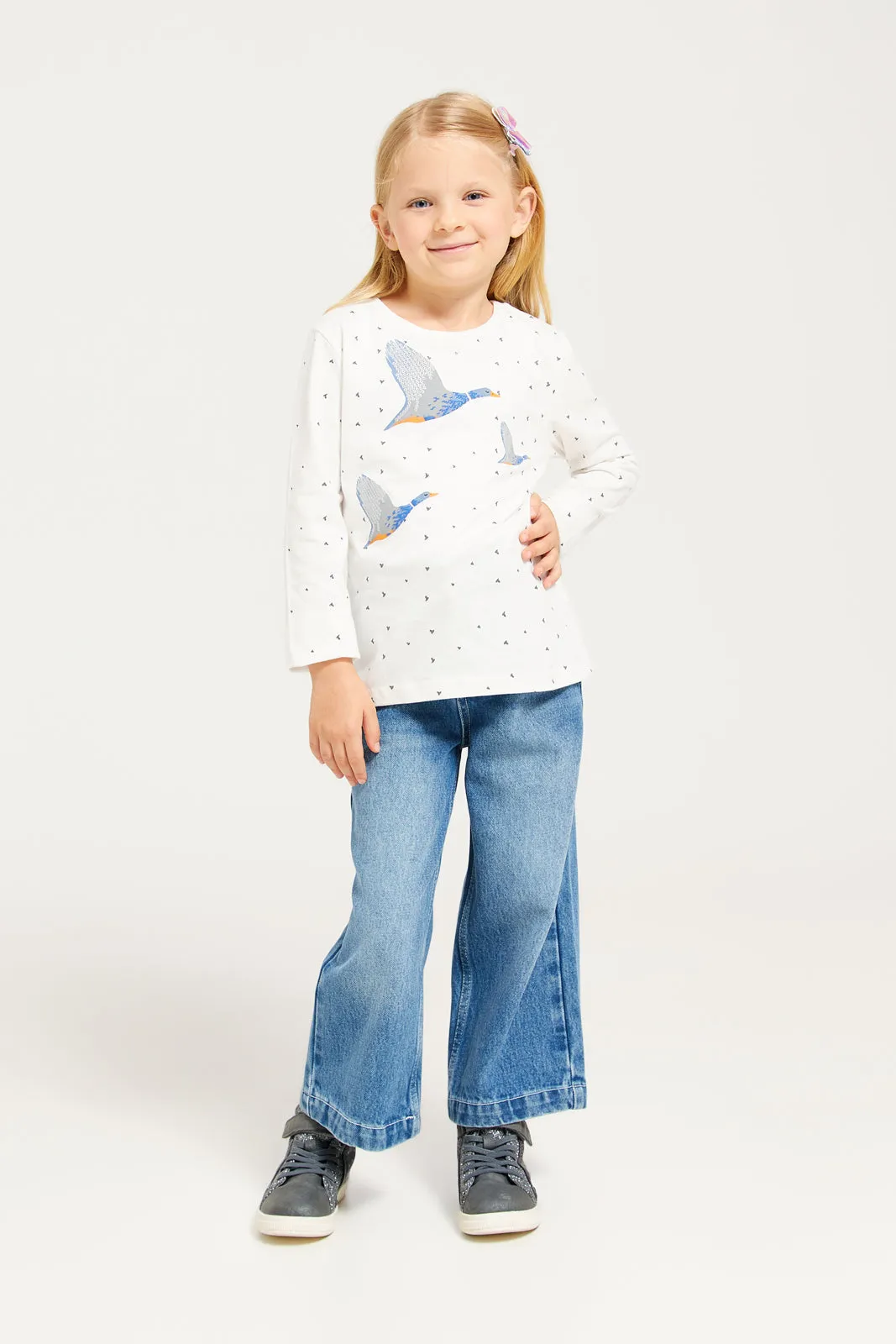 Girls White Birds Printed T-Shirt