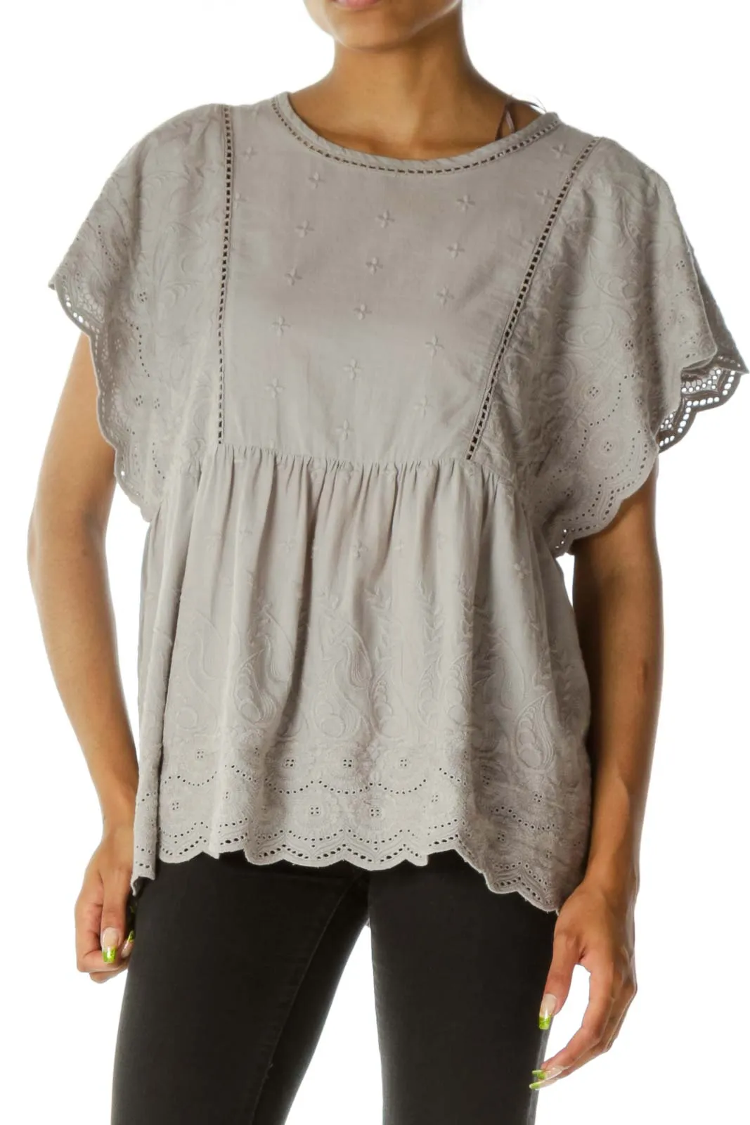 Gray Embroidered Short Sleeve Top