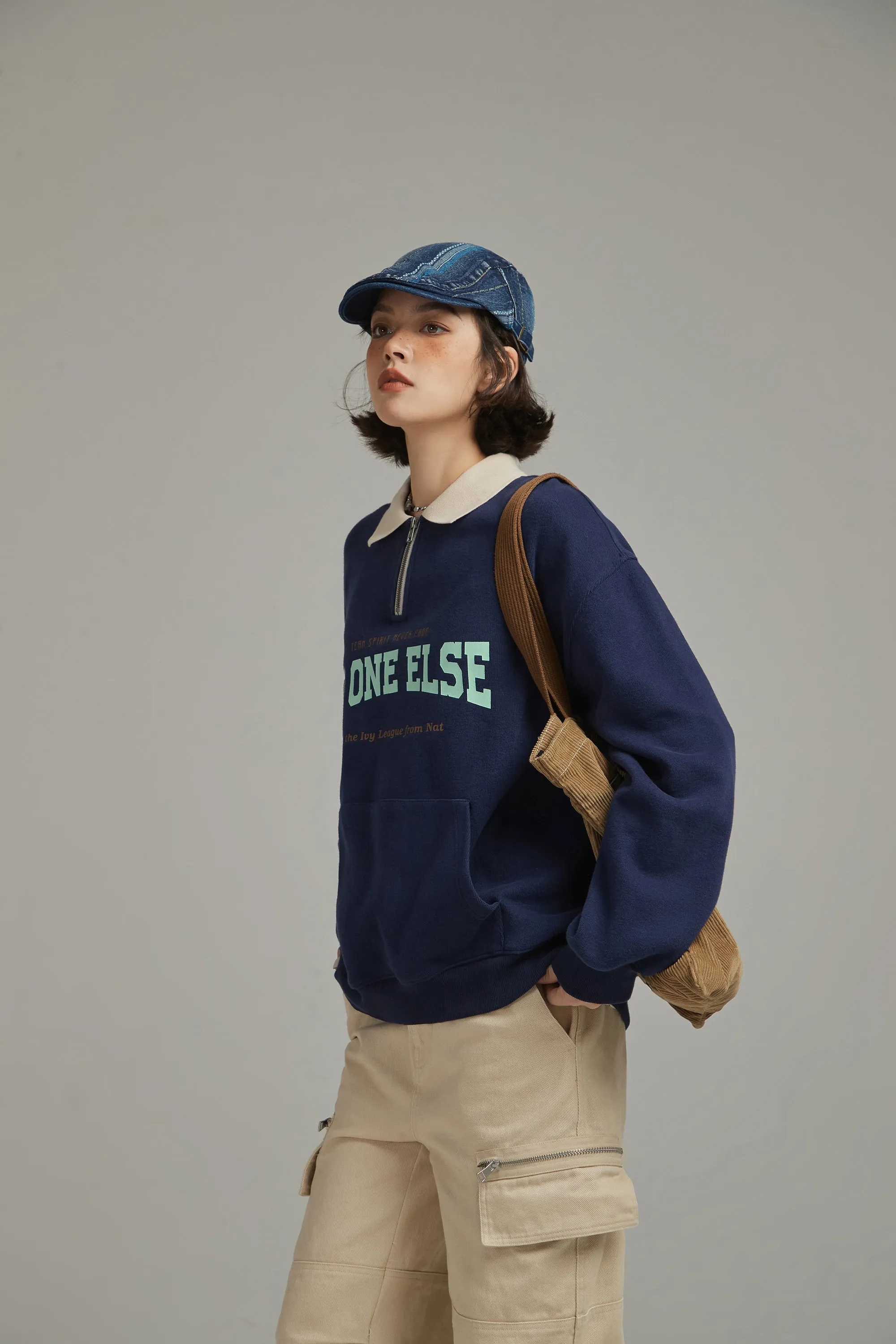 Half Zip-Up Logo Varsity Sweatshirt