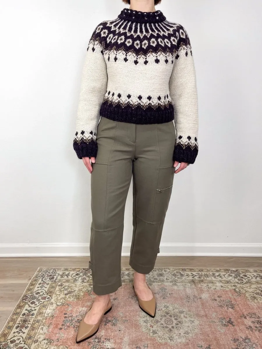 Handknit Cropped Crewneck Sweater in Ivory Lopi