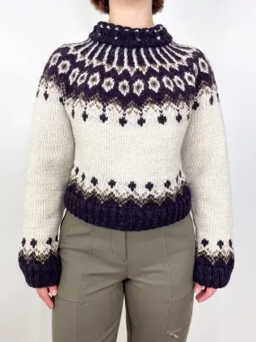 Handknit Cropped Crewneck Sweater in Ivory Lopi