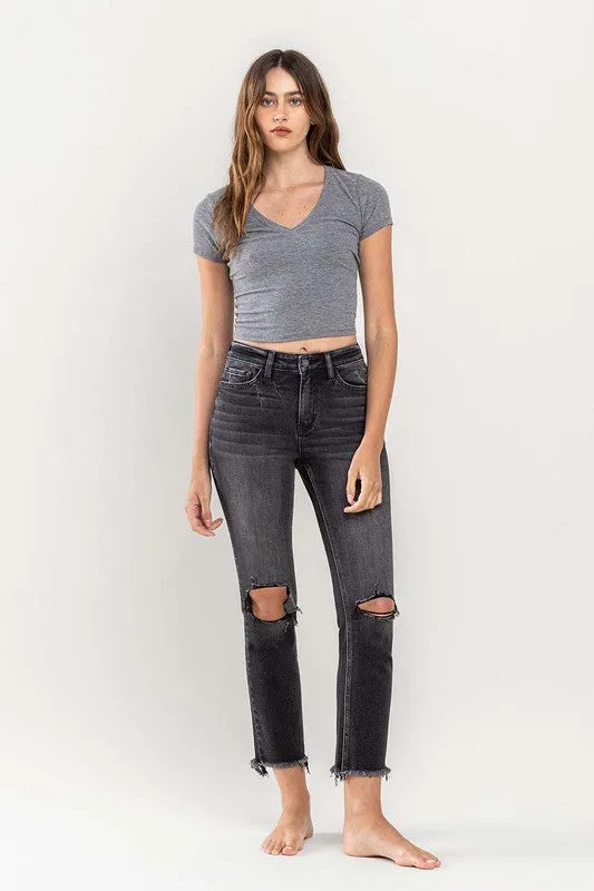 High Rise Stretch Distressed Crop Slim Straight