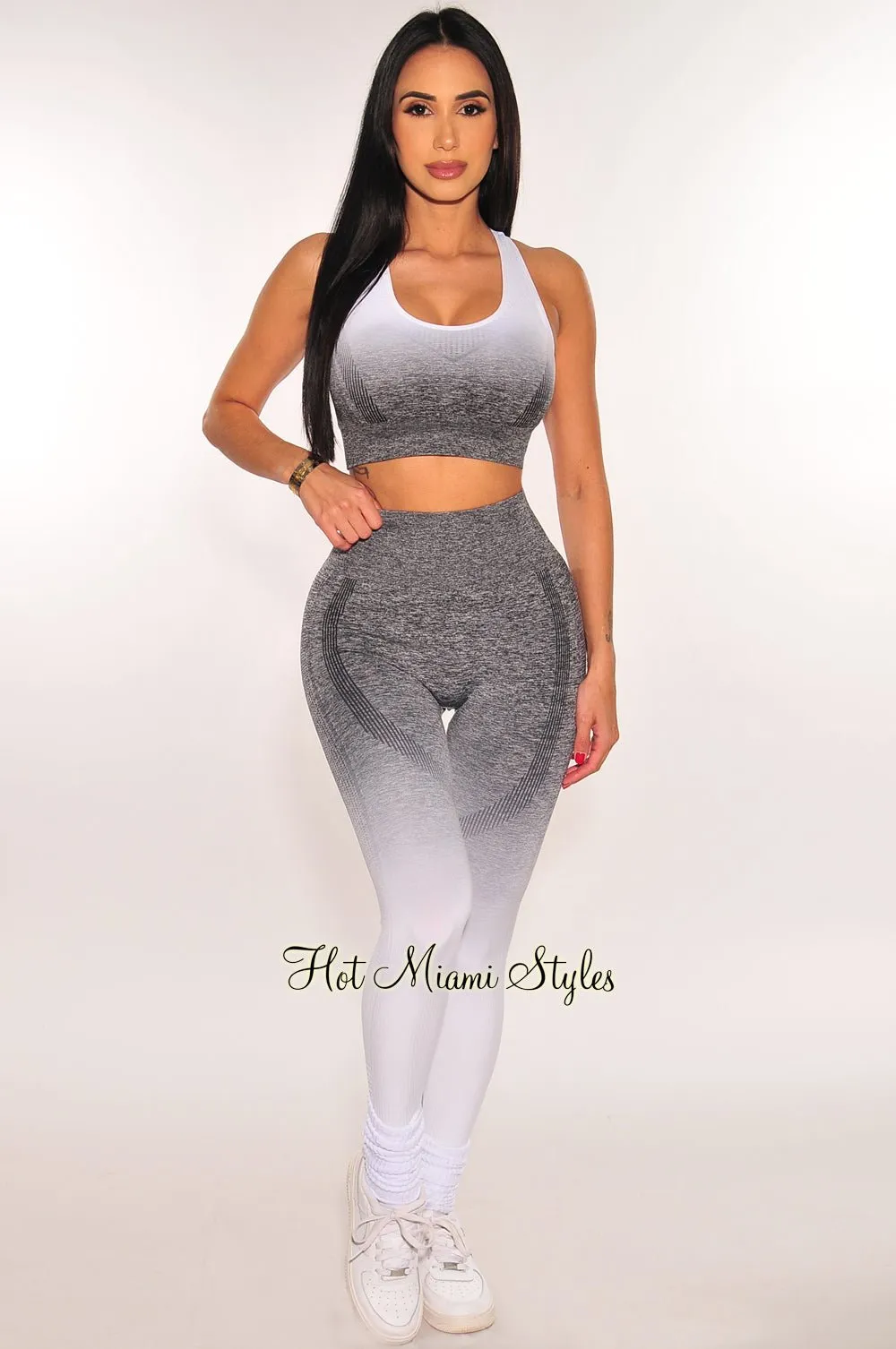 HMS Fit: White Gray Gradient Padded Racerback Butt Lifting Leggings Two Piece Set