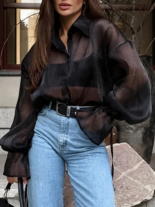 Long Sleeves Loose Buttoned See-Through Solid Color Lapel Blouses&Shirts Tops