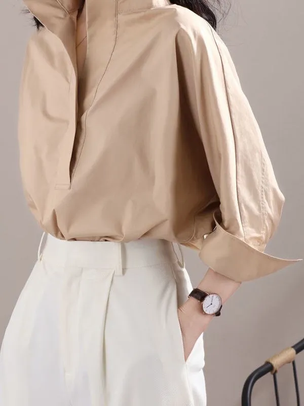 Long Sleeves Loose Solid Color Lapel Collar Blouses&Shirts Tops