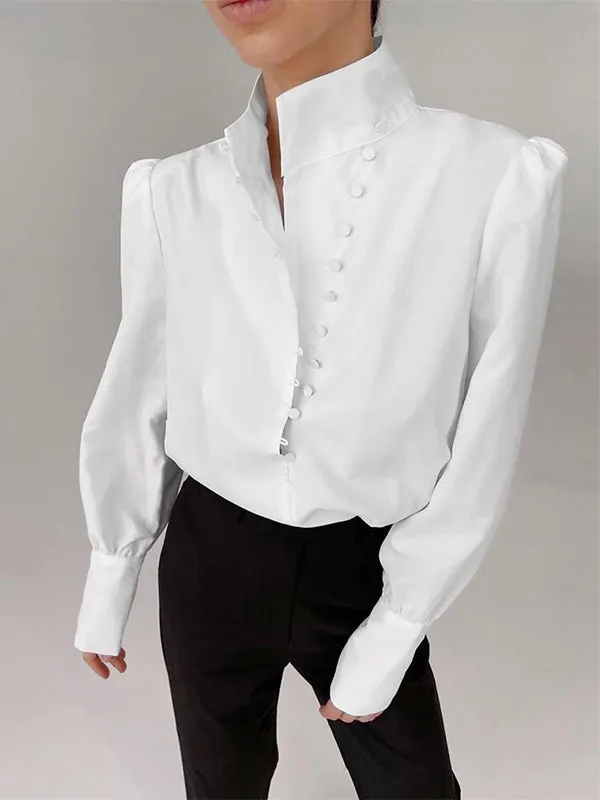 Long Sleeves Loose Solid Color Split-Joint High-Neck Blouses