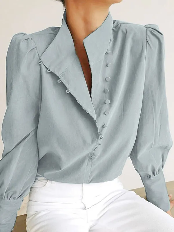 Long Sleeves Loose Solid Color Split-Joint High-Neck Blouses