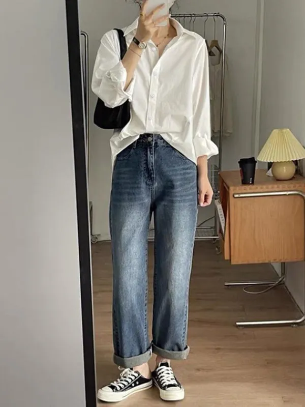 Long Sleeves Loose Solid Color Split-Side Lapel Blouses