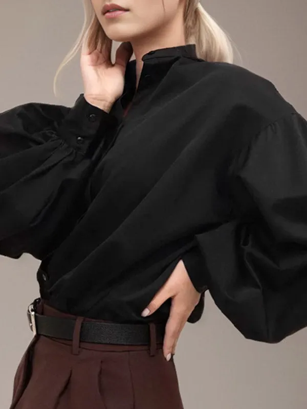 Loose Puff Sleeves Pleated Solid Color Split-Joint Split-Side Stand Collar Blouses