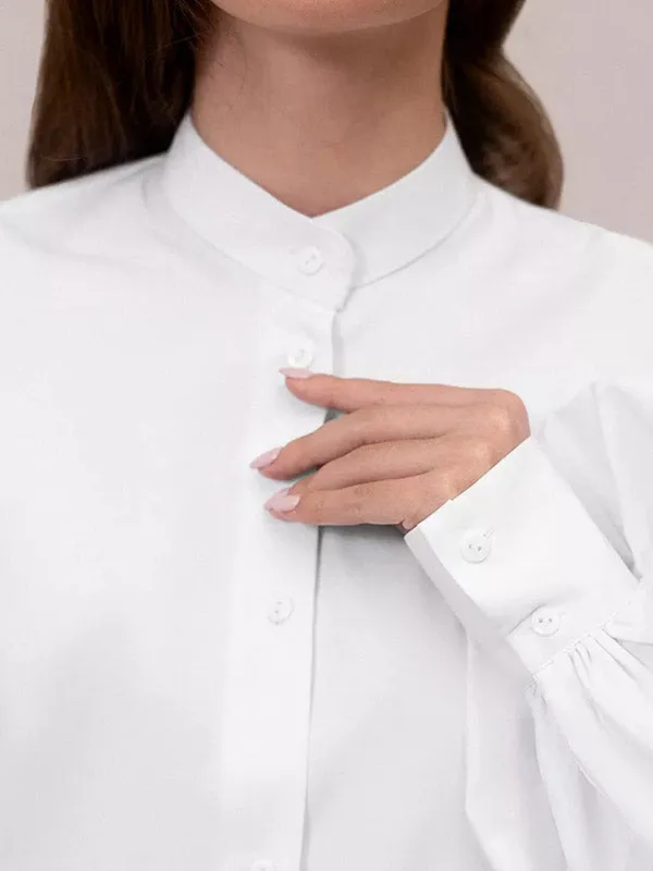 Loose Puff Sleeves Pleated Solid Color Split-Joint Split-Side Stand Collar Blouses