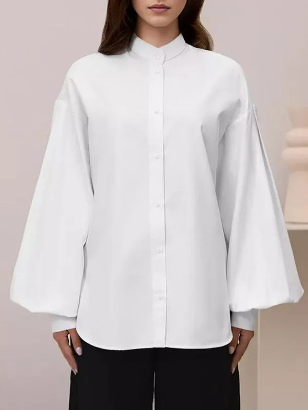 Loose Puff Sleeves Pleated Solid Color Split-Joint Split-Side Stand Collar Blouses