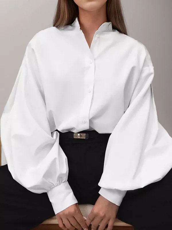 Loose Puff Sleeves Pleated Solid Color Split-Joint Split-Side Stand Collar Blouses