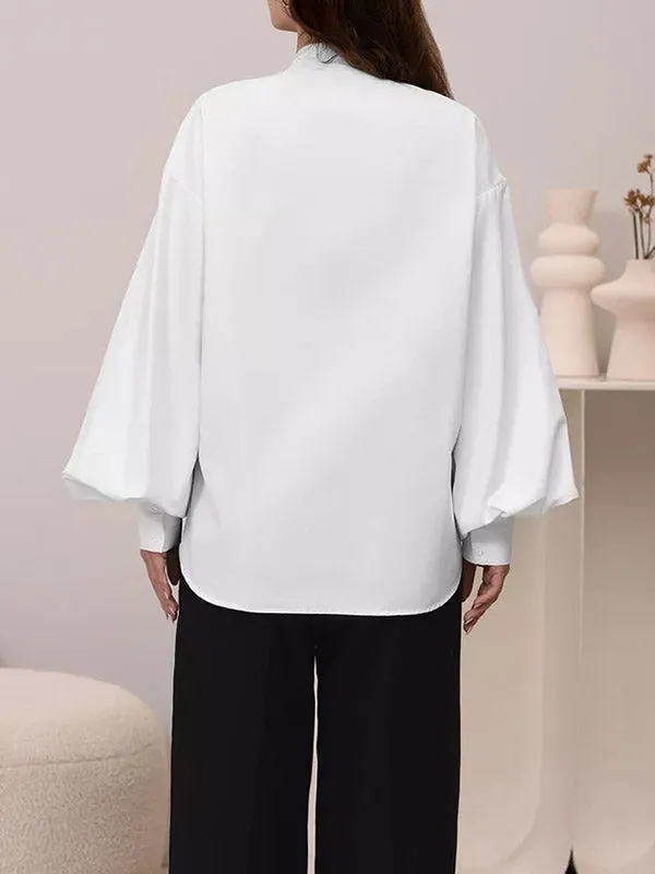 Loose Puff Sleeves Pleated Solid Color Split-Joint Split-Side Stand Collar Blouses