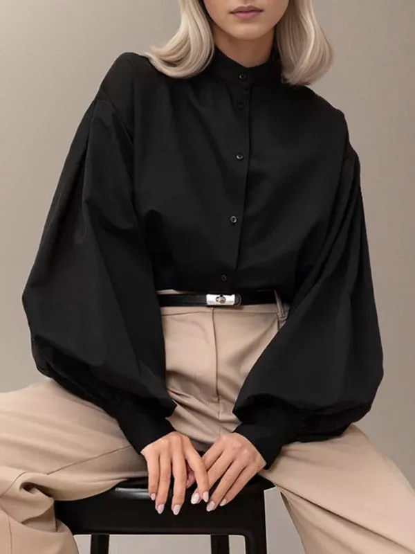 Loose Puff Sleeves Pleated Solid Color Split-Joint Split-Side Stand Collar Blouses