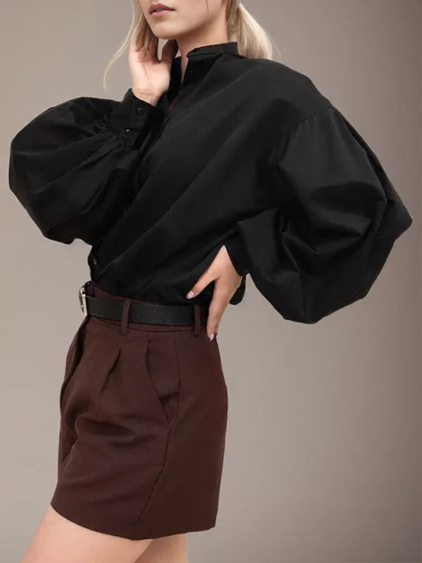 Loose Puff Sleeves Pleated Solid Color Split-Joint Split-Side Stand Collar Blouses