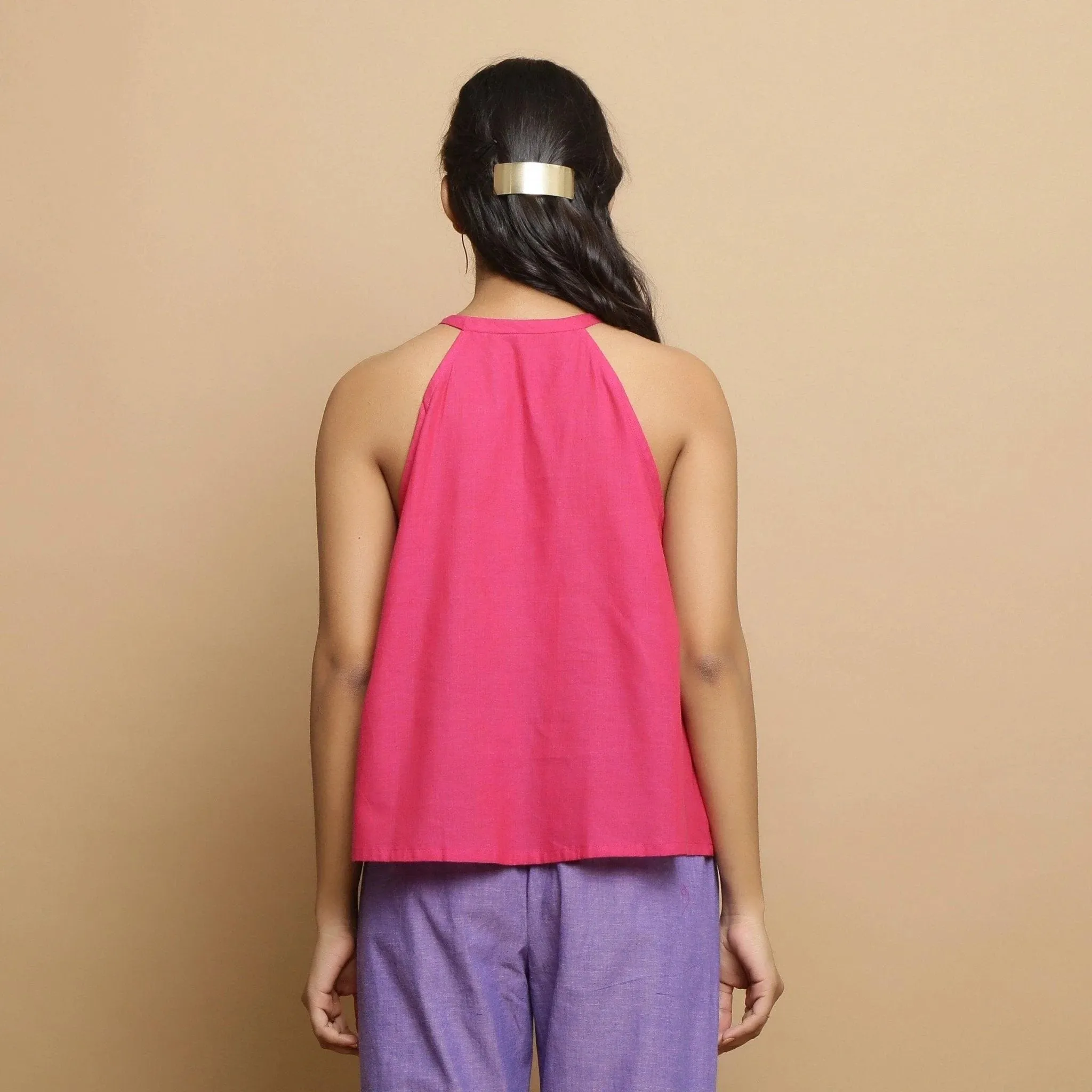 Magenta Hand-Embroidered Cotton Halter Neck Flared Top