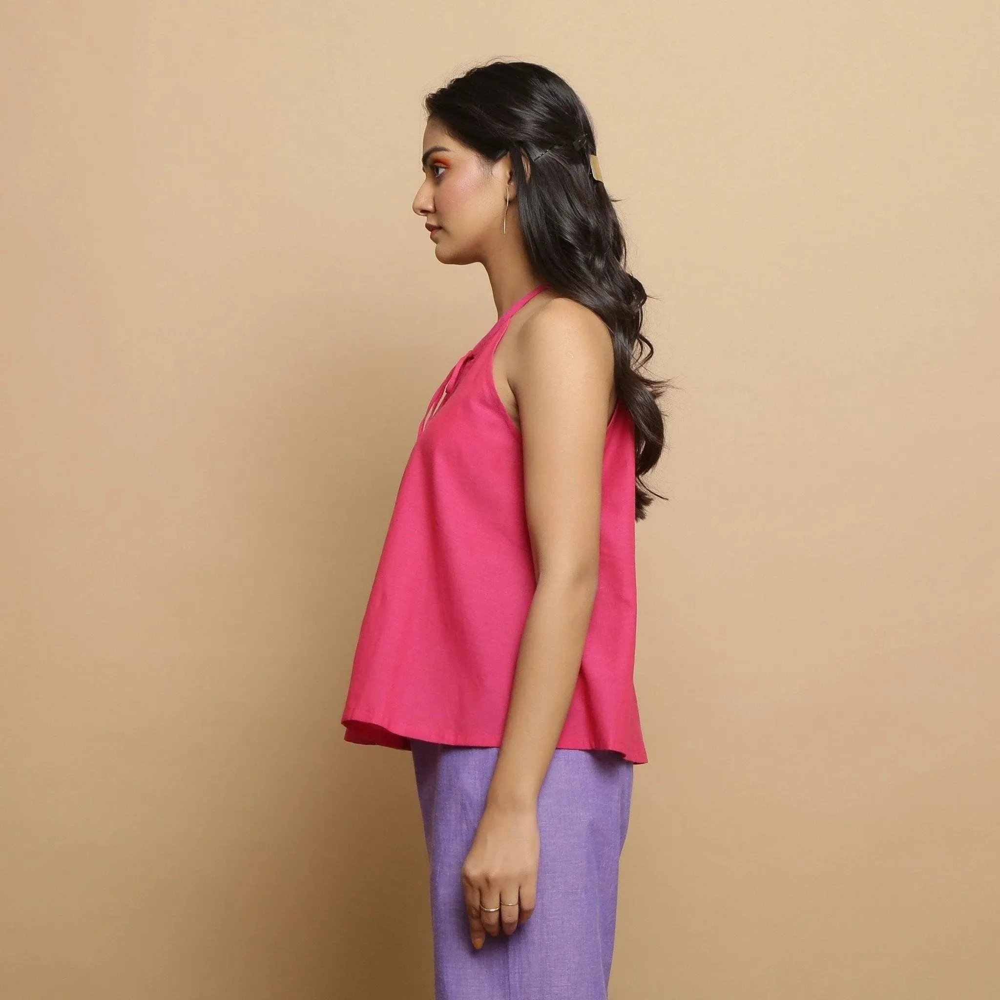 Magenta Hand-Embroidered Cotton Halter Neck Flared Top