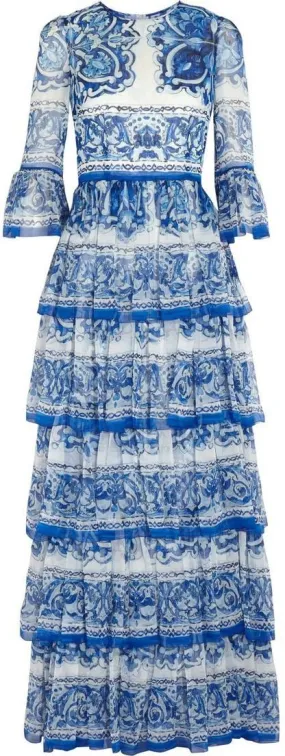 'Majolica' Tile Printed Tiered Gown