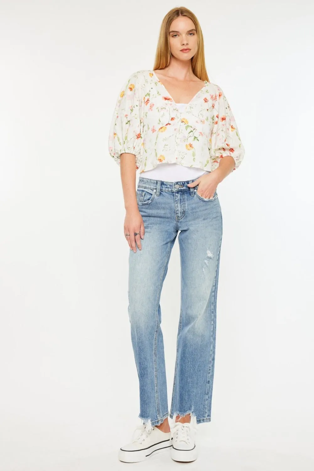 Mid Rise Frayed Hem Straight Jeans