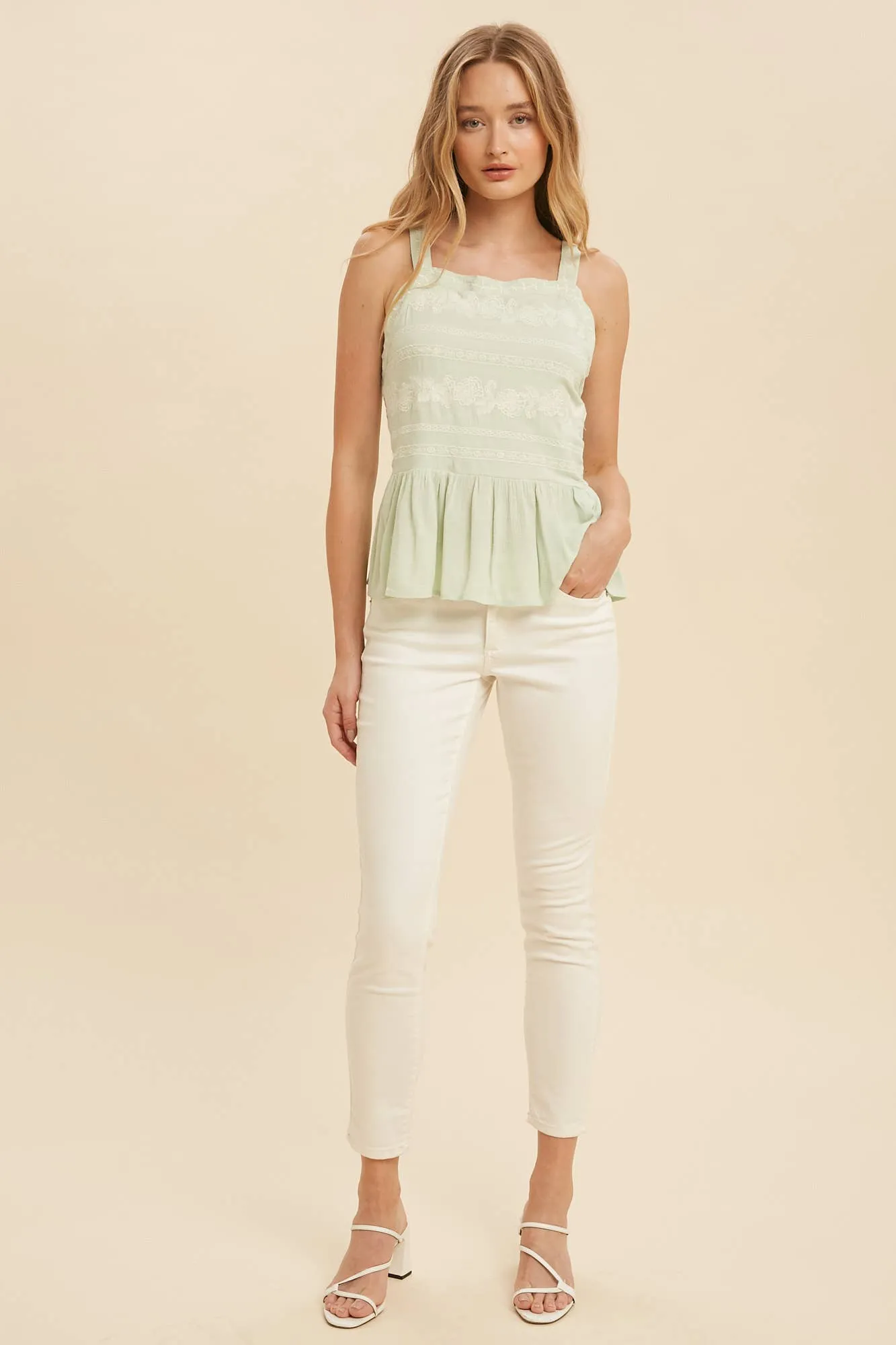 Mint Seafoam Embroidered Strappy Tank