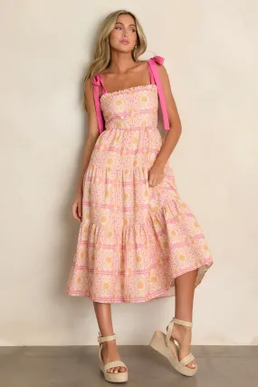 Next To You Pink Multi Print Tiered Midi Dress