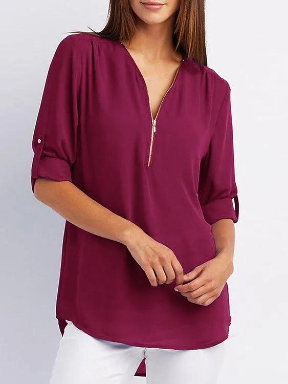 OEM ODM V-Neck Plain Zip Back Long Sleeve Curved Hem Burgundy Blouses