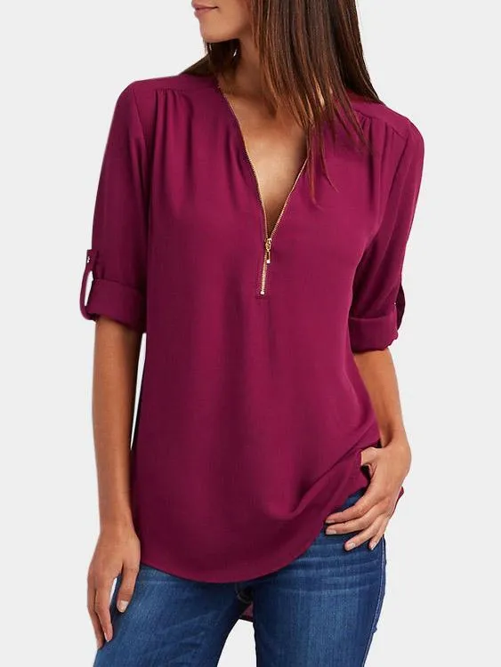 OEM ODM V-Neck Plain Zip Back Long Sleeve Curved Hem Burgundy Blouses