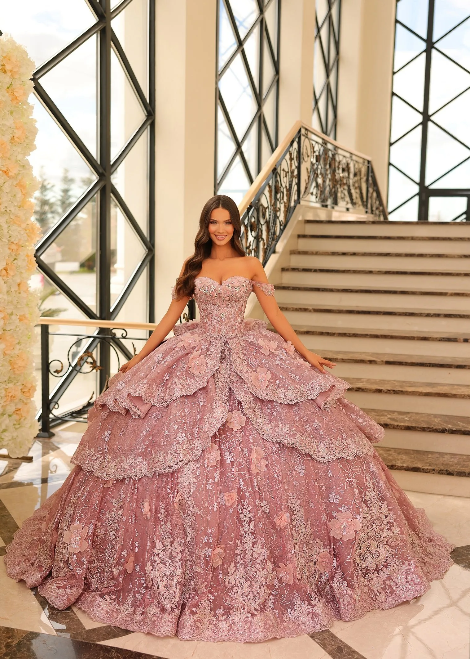 Off Shoulder Tiered Quinceanera Dress by Amarra 54202