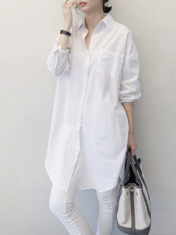 Office Long Sleeves Solid Color Lapel Blouses Shirt Dress