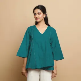 Pine Green Linen Hand-Embroidered Asymmetrical V-Neck Top